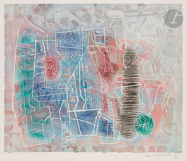 Shoichi HASEGAWA [japonais] 
(né en 1929)
Hymne à la joie, vers 2 000
Eau-forte et aquatinte en couleurs.
Épreuve sur vélin blanc fort signée à l’européenne et en japonais au crayon.
57 x 76 cm