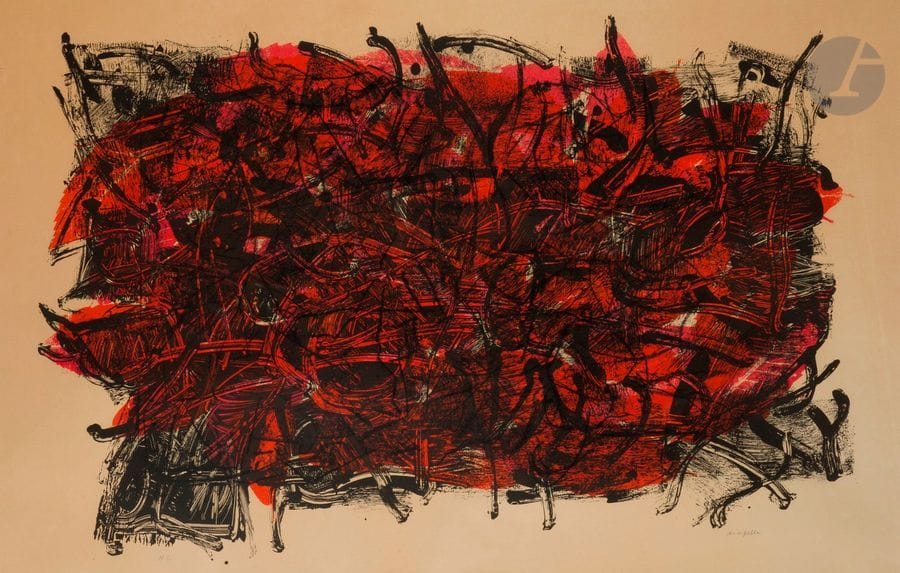Jean-Paul RIOPELLE [canadien] 
(1923-2002)
Feuilles III, 1967
Lithographie en couleurs.
Épreuve sur vélin, justifiée « H.C. » et signée au crayon. Tirage définitif à 75 épreuves.
Légère oxydation du feuillet.
Cadre.
À vue : 65,5 x 96 cm

Bibliographie : 
Riopelle 1967.07EST.LI.
