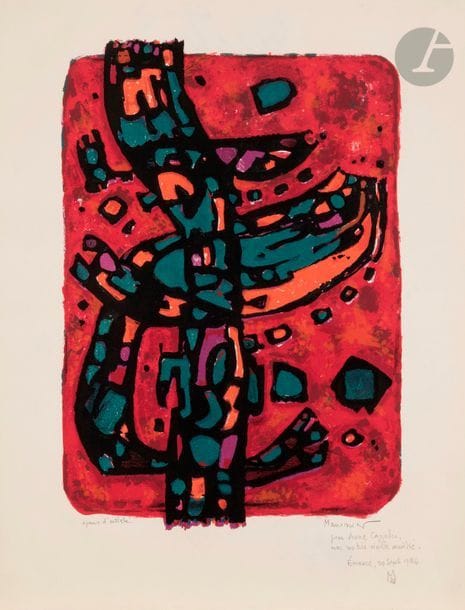 Alfred MANESSIER (1911-1993)
La Flamme vive, 1986
Lithographie en couleurs.
Épreuve sur vélin, justifiée « Épreuve d’artiste », signée, dédicacée et datée au crayon.
65,5 x 50 cm