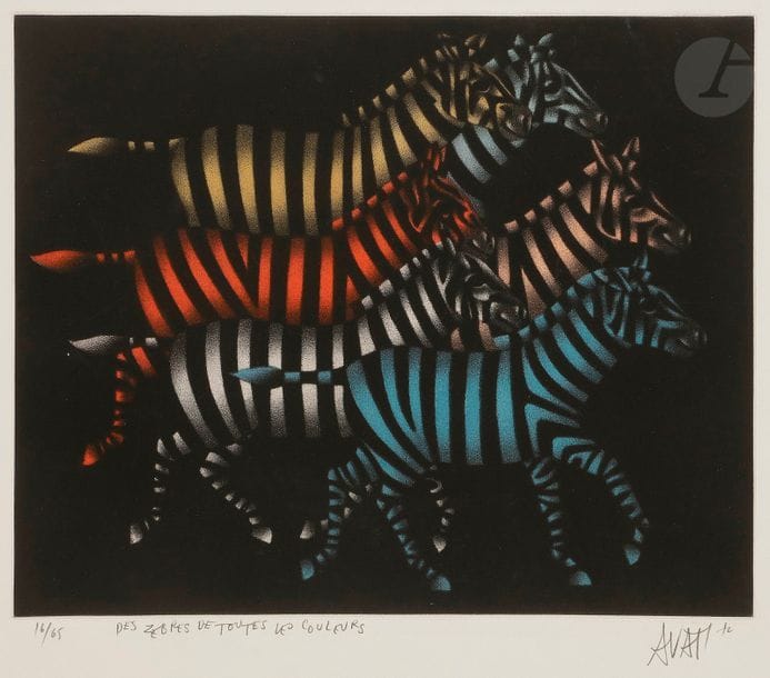 Mario AVATI (1921-2009)
Des zèbres de toutes les couleurs, 1972
Manière noire en couleurs.
Épreuve sur vélin, numérotée, titrée, signée et datée au crayon. Tirage à 85 épreuves.
Infime épidermure et rousseurs claires au bord supérieur du feuillet.
37,5 x 48 cm