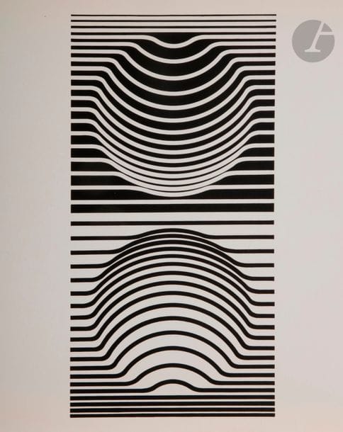Victor VASARELY [hongrois] (1906-1997)
Corpusculaires, Croisées, Êtres ou fantômes, Linéaires, Ondulatoires, 1973
5 albums grand in-4, du tirage ordinaire non signé, contenant chacun 10 sérigraphies sur vélin fort. Portefeuilles de vélin glacé noir imprimés à rabats. Neuchâtel, éd. du Griffon.