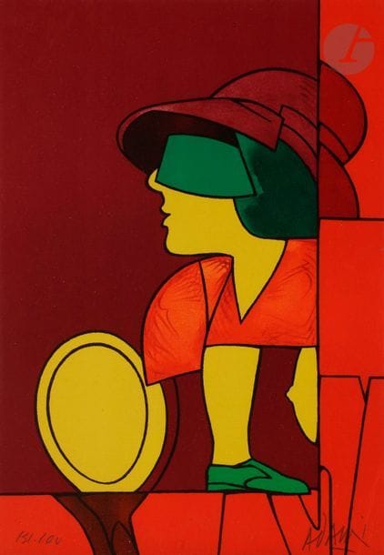Valerio ADAMI [italien] 
(né en 1935)
Femme au chapeau
Lithographie en couleurs.
Épreuve sur vélin, numérotée et signée au crayon. Tirage à 200 épreuves.
Cadre.
36 x 25 cm