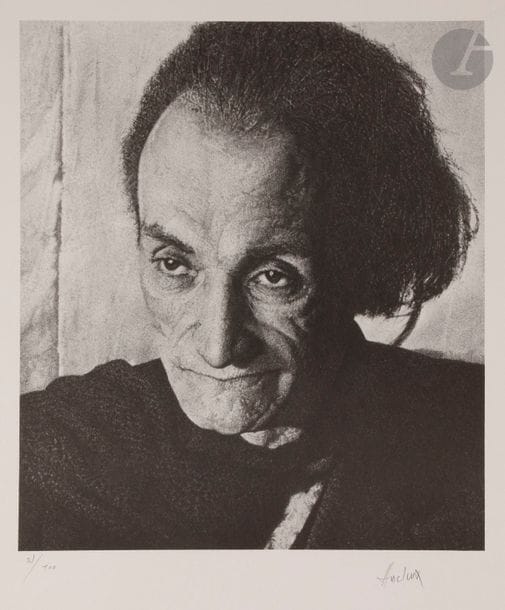 Jean-Olivier HUCLEUX (1923-2012)
Portrait d’Antonin Artaud, 1986
Lithographie d’après une photographie.
Épreuve sur vélin, numérotée et signée au crayon. Tirage à 100 épreuves.
75,5 x 56 cm