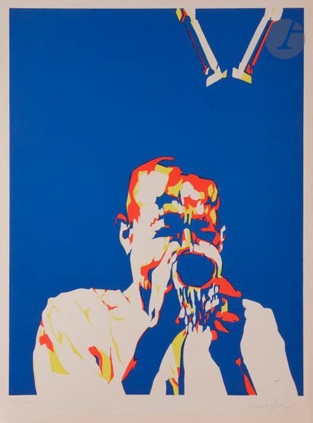 Bernard RANCILLAC (né en 1931)
Le Trompettiste
Sérigraphie en couleurs.
Épreuve sur vélin, numérotée et signée au crayon. Tirage à 200 épreuves.
Légère oxydation du feuillet. Quelques petites taches, traces de frottement en surface et plis cassés marginaux.
90 x 63 cm