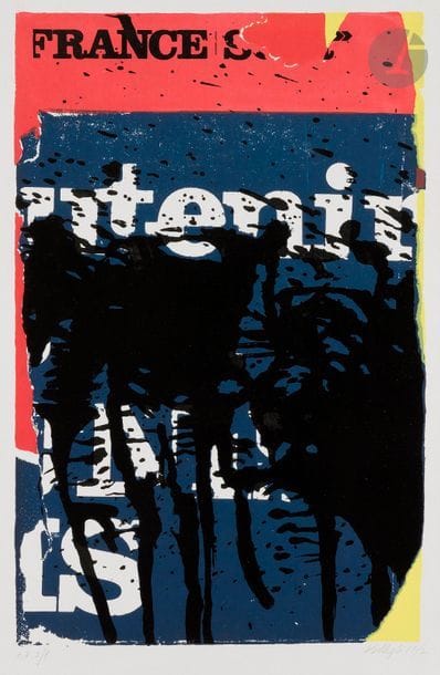 Jacques VILLEGLÉ (né en 1926)
Affiche lacérée (France), 1967
Sérigraphie en couleurs.
Épreuve sur vélin blanc, justifiée « E.A. », numérotée, signée et datée au crayon.
67 x 51 cm