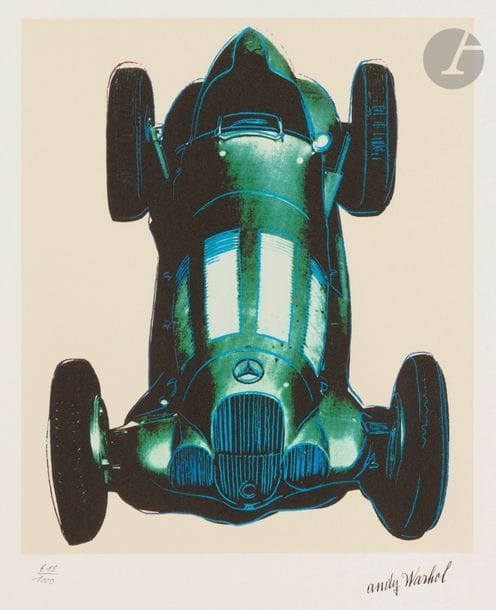 Andy WARHOL [américain] (1928-1987) (d’après)
Mercedes W125 Racecar
Photolithographie en couleurs.
Épreuve sur vélin blanc, numérotée au crayon. Tirage à 1000 épreuves.
44 x 35,7 cm