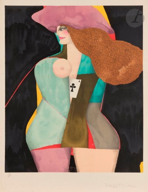 Richard LINDNER [allemand] (1901-1978)
Femme rousse à l’as de trèfle
Lithographie en couleurs.
Épreuve sur vélin, numérotée et signée au crayon. Tirage à 250 épreuves.
Courtes déchirures au bord gauche. Infimes salissures.
71,5 x 56 cm