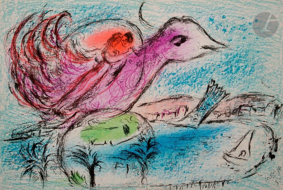 Marc CHAGALL (1887-1985)
Derrière le miroir, n° 132, juin 1962
Une plaquette grand in-4 en feuilles, illustrée d’une lithographie en couleurs de Chagall sur la couverture, contenant une autre lithographie en couleurs sur double feuillet.

Bibliographie : 
Mourlot 355-356 ; Cramer 50.