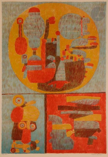 Pierre COURTIN (1921-2012)
Sans pâturage, 1972
Lithographie en couleurs.
Épreuve sur vélin, numérotée et signée au crayon. Tirage à 250 épreuves.
Traces de colle oxydées au verso.
64 x 47 cm

Joint :
Imbécile heureux, 1970
Lithographie en couleurs.
Épreuve sur vélin, numérotée et signée au crayon. Tirage à 300 épreuves. Prisunic éd.
65,5 x 44 cm