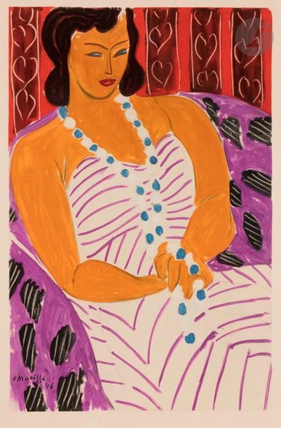 Henri MATISSE (1869-1954) (d’après)
Femme à la robe blanche, ou La Martiniquaise, 1954
Lithographie en couleurs d’après une toile de 1946.
Épreuve sur vélin.
65 x 48 cm