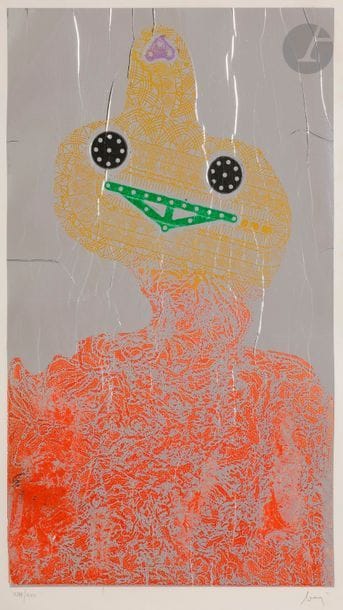 Enrico BAJ [italien] (1924-2003)
Tête de personnage, vers 1975
Eau-forte en couleurs sur pièces de métal découpées et assemblées.
Épreuve sur aluminium appliqué sur vélin, numérotée en chiffres romains et signée au crayon. 
Larges rousseurs claires.
67 x 46 cm