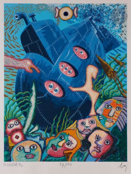 Enrico BAJ [italien] et Hervé Di Rosa (1924-2003)
Le Sous-marin, 1994
Lithographie en couleurs avec rehauts de paillettes.
Épreuve sur vélin blanc fort, signée par les deux artistes, datée et numérotée au crayon. Tirage à 150 épreuves.
100 x 69,5 cm