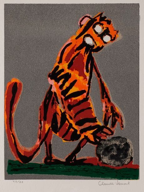 Claude VENARD (1913-1999)
Tigre debout (pl. pour un « Bestiaire fantastique »)
Gravure au carborundum (poussière de verre).
2 épreuves (variantes de couleurs) sur vélin fort grenu, numérotées et signées au crayon. Tirage à 99 épreuves.
76 x 57 cm