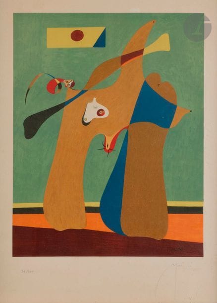 Joan MIRÓ  [espagnol] (1893-1983) (d’après)
La Femme, 1958
Lithographie en couleurs par Mourlot d’après une œuvre de 1932.
Épreuve sur vélin, numérotée et signée au crayon. Tirage à 300 épreuves.
Légère oxydation du feuillet.
Cadre.
À vue : 61 x 46,5 cm