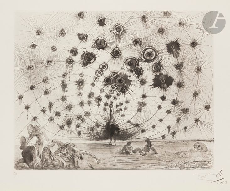 Salvador DALÍ (1904-1989)
Argus (« Mythologie », pl. 1), 1962
Héliogravure et pointe sèche.
Épreuve sur vélin, numérotée, signée et datée au crayon. Tirage à 150 épreuves. Argillet éd.
Trace claire d’oxydation aux bords du feuillet.
56,5 x 75,5 cm

Bibliographie : 
Michler et Löpsinger 116.