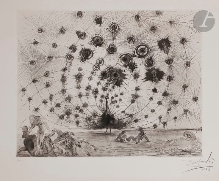 Salvador DALÍ (1904-1989)
Argus (« Mythologie », pl. 1), 
1963-1965.
Héliogravure et pointe sèche.
Épreuve sur vélin, numérotée, signée et datée au crayon. Tirage à 150 épreuves. Argillet éd.
Trace claire d’oxydation aux bords du feuillet.
56,5 x 75,5 cm

Bibliographie : 
Michler et Löpsinger 116.