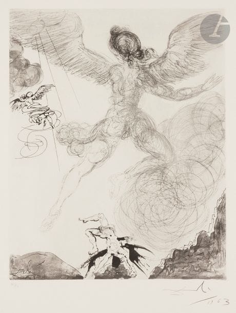 Salvador DALÍ (1904-1989)
Icare (« Mythologie », pl. 6), 1963
Héliogravure et pointe sèche.
Épreuve sur vélin, numérotée, signée et datée au crayon. Tirage à 150 épreuves. Argillet éd.
Trace claire d’oxydation aux bords du feuillet.
75,5 x 56,5 cm

Bibliographie : 
Michler et Löpsinger 121.