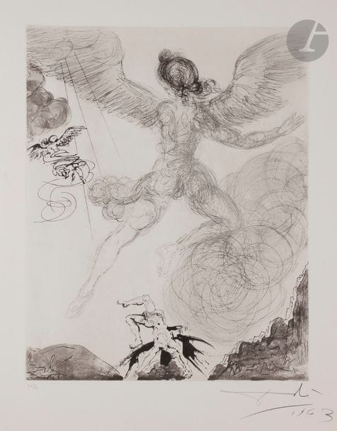 Salvador DALÍ (1904-1989)
Icare (« Mythologie », pl. 6), 1963-1965
Héliogravure et pointe sèche.
Épreuve sur vélin, numérotée, signée et datée au crayon. Tirage à 150 épreuves. Argillet éd.
Trace claire d’oxydation aux bords du feuillet.
76 x 57 cm

Bibliographie : 
Michler et Löpsinger 121.
