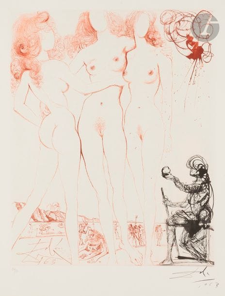 Salvador Dalí (1904-1989)
Le Jugement de Pâris (« Mythologie », pl. 8), 1963
Héliogravure et pointe sèche en noir et en sanguine.
Épreuve sur vélin, numérotée, signée et datée au crayon. Tirage à 150 épreuves sur ce papier. Argillet éd.
Trace claire d’oxydation aux bords du feuillet.
75,5 x 56,5 cm

Bibliographie : 
Michler et Löpsinger 123.