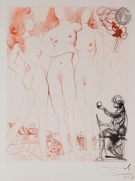 Salvador Dalí (1904-1989)
Le Jugement de Pâris (« Mythologie », pl. 8), 1963-1965
Héliogravure et pointe sèche en noir et en sanguine.
Épreuve sur vélin, numérotée, signée et datée au crayon. Tirage à 150 épreuves sur ce papier. Argillet éd.
75,5 x 66,5 cm

Bibliographie : 
Michler et Löpsinger 123.