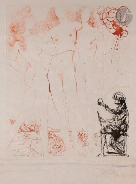 Salvador DALÍ (1904-1989)
Le Jugement de Pâris (« Mythologie », pl. 8), 1963-1965
Héliogravure et pointe sèche en noir et en sanguine.
Épreuve sur japon nacré, numérotée en chiffres romains et signée au crayon. Tirage à 100 épreuves sur ce papier. Argillet éd.
Forts plis cassés, auréoles d’humidité et taches.
77 x 57,5 cm

Bibliographie : 
Michler et Löpsinger 123.