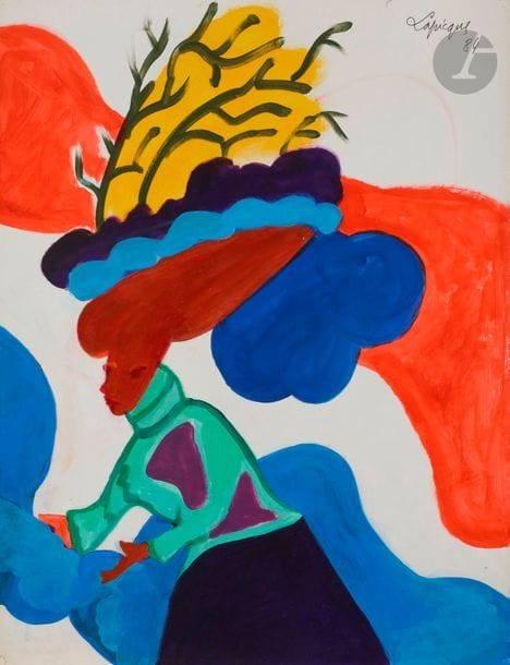 Charles LAPICQUE (1898-1988)
Femme au chapeau, 1984
Acrylique sur papier.
Signée et datée en haut à droite.
55 x 50 cm
