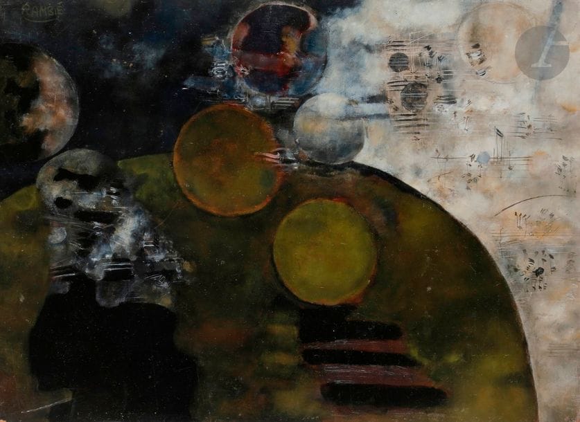 Paul RAMBIÉ (né en 1919)
Cosmos n°2, 1971
Huile sur isorel.
Signée en haut à gauche.
Datée et titrée au dos.
(Petits manques).
54 x 73 cm