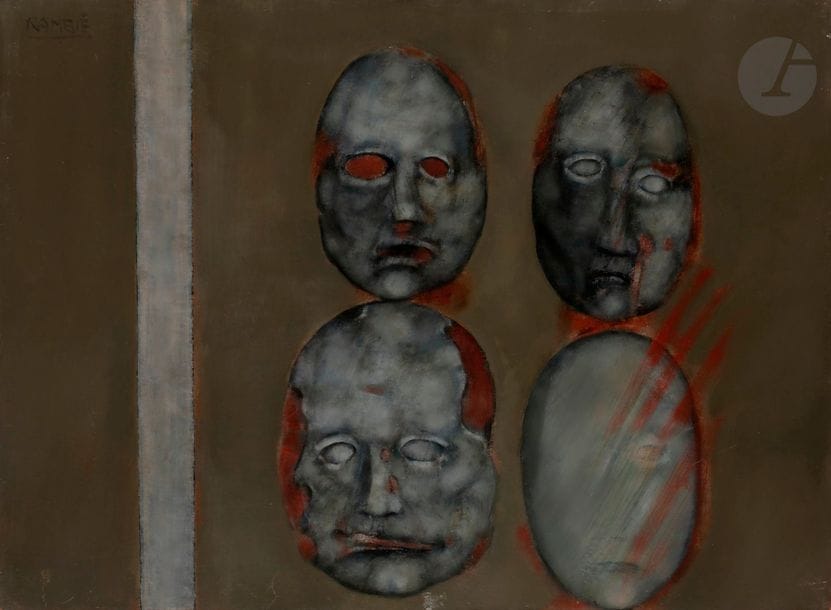 Paul RAMBIÉ (né en 1919)
Quatre masques sur fond beige, 1980
Huile sur isorel.
Signée en haut à gauche.
Datée et titrée au dos.
54 x 73 cm