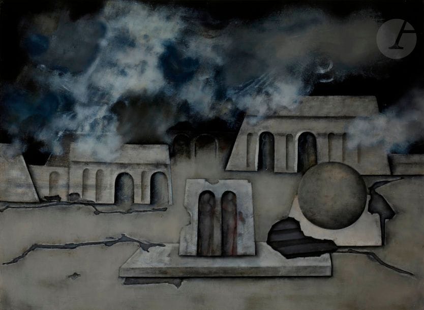 Paul RAMBIÉ (né en 1919)
Les Deux momies, 1982
Huile sur toile.
Signée en haut à droite.
Signée, datée et titrée au dos.
54 x 73 cm