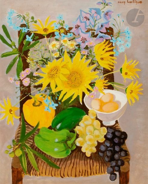 Dany LARTIGUE (1921-2017)
Tournesols
Huile sur toile.
Signée en haut à droite.
Titrée au dos.
46 x 38 cm