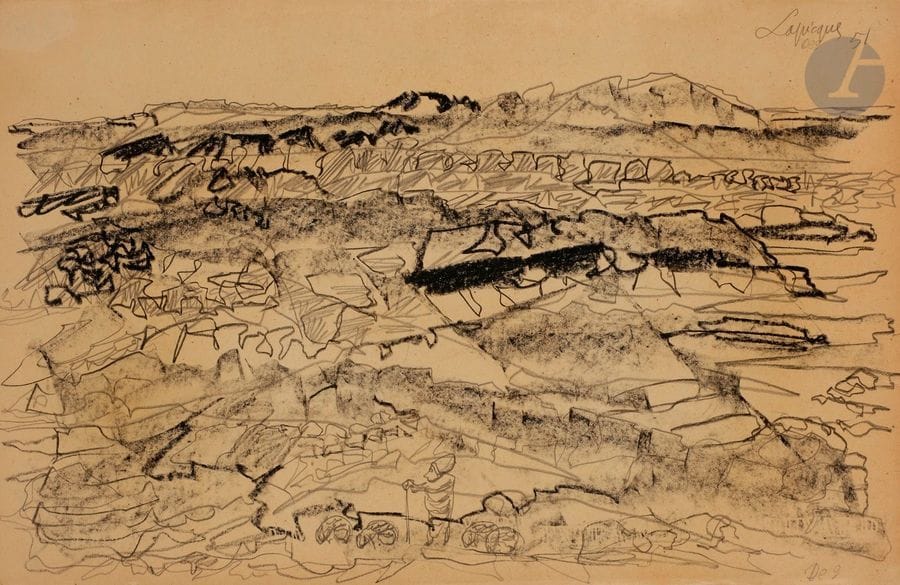 Charles LAPICQUE (1898-1988)
L'Atlas saharien, 1951
Fusain.
Signé et daté en haut à droite. 
(Papier jauni et déchirures).
49.5 x 32.5 cm

Œuvre en rapport : 
Les Dessins de Lapicque au Musée National d'Art Moderne, 1er mars-23 avril 1978, catalogue d'exposition, texte de Pierre Georgel, Paris, 1978, n°114, p. 31.