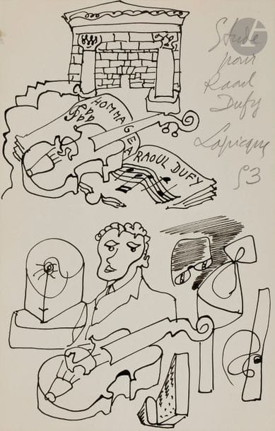 Charles LAPICQUE (1898-1988)
Hommage à Raoul Dufy, 1953
Encre.
Signée, datée et titrée.
21 x 13.5 cm

Un certificat de Monsieur Marc Métayer, en date du 18 octobre 2003, sera remis à l'acquéreur.