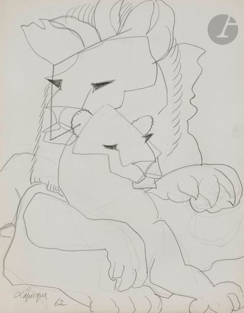 Charles LAPICQUE (1898-1988)
Lion et Lionne, 1962
Crayon noir.
Signé et daté en bas à gauche.
46.5 x 37 cm

Œuvre en rapport : 
Les Dessins de Lapicque au Musée National d'Art Moderne, 1er mars-23 avril 1978, catalogue d'exposition, texte de Pierre Georgel, Paris, 1978, n°176, p.42.