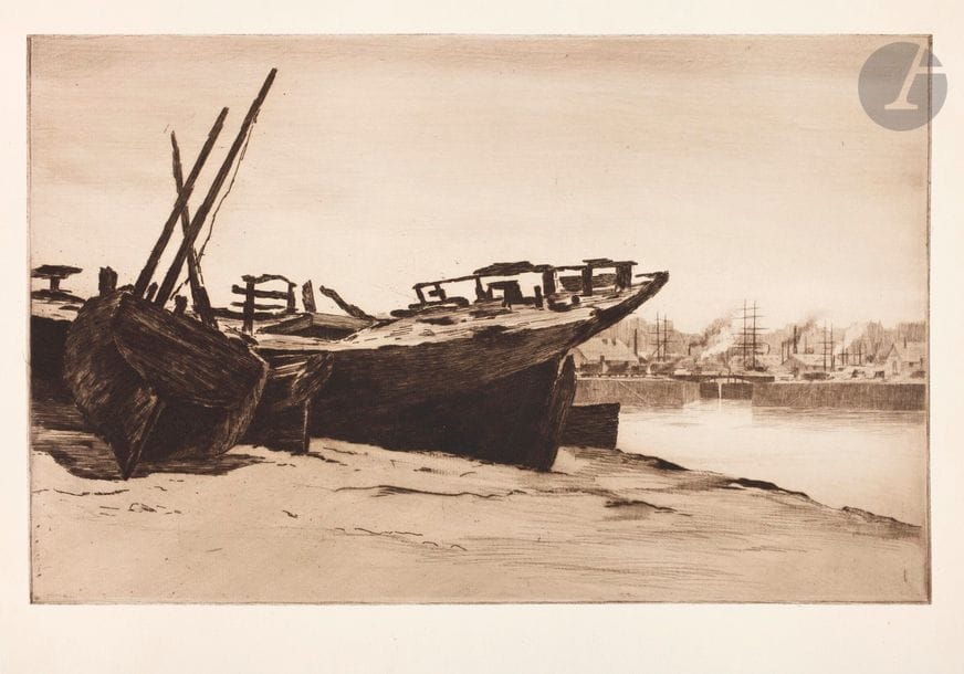 Henri Guérard (1846-1897) 
Wrecks at Le Pollet (Dieppe). Before 1888. Dry point. 473 x 295. Bertin 220. Meeting of 2 beautiful tests on laid. Accidents and tears at the right edge of the single-ply sheet, all margins.

