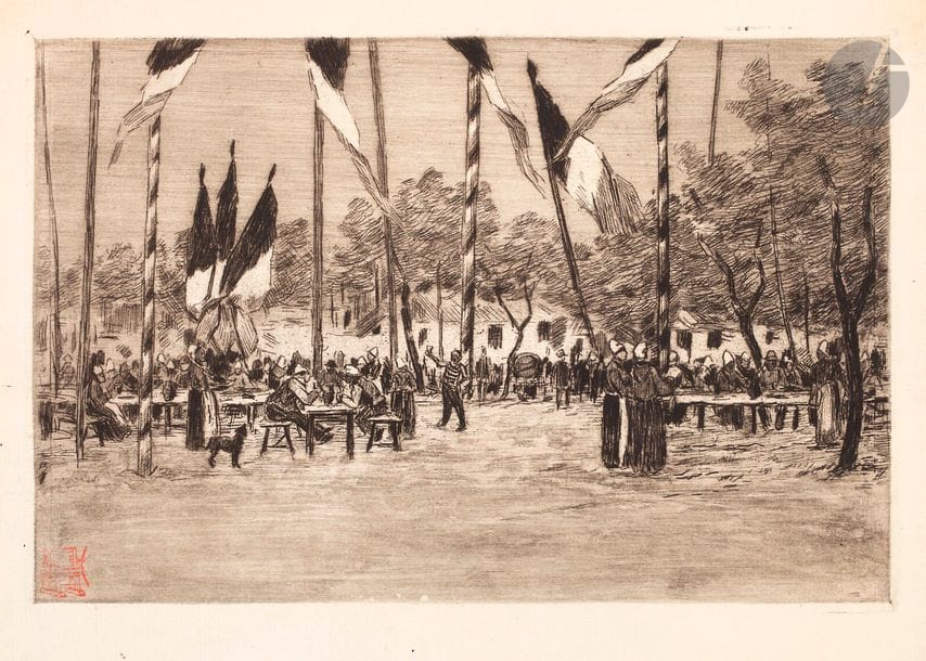 Henri Guérard (1846-1897) 
La Fête des pompiers, Honfleur. Before 1888. Etching, drypoint and aquatint. 235 x 157. Bertin 254. Nice proof on thin laid, stamped (red press, Lugt not described). Minimal tears in the head. All margins.
