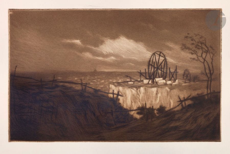 Henri Guérard (1846-1897) 
Carrières à Vanves. Avant 1888. Eau-forte et manière noire. 475 x 295. Bertin 275. Très belle épreuve tirée en brun bistré sur vergé fort. Deux petits points blancs (défauts d’encrage) dans le sujet. Toutes marges.