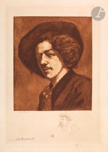 Henri Guérard (1846-1897) 
Whistler based on his portrait painted by himself at the age of twenty... etching and aquatint. 225 x 330. Bertin 547. Meeting of 2 very beautiful proofs printed in brown on laid, from the 6th and 7th states (out of 7), the 1st with remark, both signed in pen and ink, annotated in pencil and stamped (Lugt 1557). All margins.
