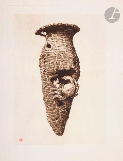 Henri Guérard (1846-1897) 
Porte-bouquet en bronze décoré d’un crabe laqué au feu (collection Louis Gonse). Illustration pour L’Art Japonais de Louis Gonse. 1883. Eau-forte. 235 x 320. Bertin 649. Réunion de 3 très belles épreuves sur vergé, timbrées (Lugt 1557). Léger empoussiérage et courtes déchirures aux bords des feuillets. Petites ou grandes marges.