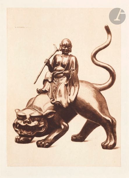 Henri Guérard (1846-1897) 
Sennin on a tiger (antique bronze from the Cernuschi collection). Illustration for Louis Gonse's L'Art Japonais. 1883. Etching and dry point. 215 x 300. Bertin 650. Very nice event on Imperial Japan. Very slight marginal oxidation. All margins.
