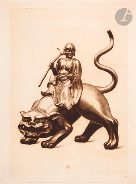Henri Guérard (1846-1897) 
Sennin on a tiger (antique bronze from the Cernuschi collection). Illustration for Louis Gonse's L'Art Japonais. 1883. Etching and dry point. 235 x 320. Bertin 650. Very nice proof of the 2nd state (out of 5), on laid, before reduction of the copper, before the framing net and the signature engraved on the top left, stamped (Lugt 1557) and signed with the initial "G" in pencil. All margins.
