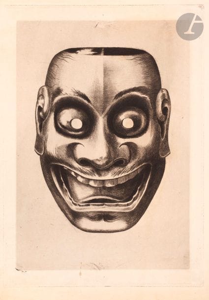 Henri Guérard (1846-1897) 
Ancient theatre mask, made of lacquered wood (coll. L. Gonse). Illustration for Louis Gonse's L'Art Japonais. 1883. Etching and dry point. 217 x 305. Bertin 655. Meeting of 2 state proofs, on vellum, before various works and before the engraved signature, before the color. Slight oxidation at the edges of the sheet at one fold, all margins.
