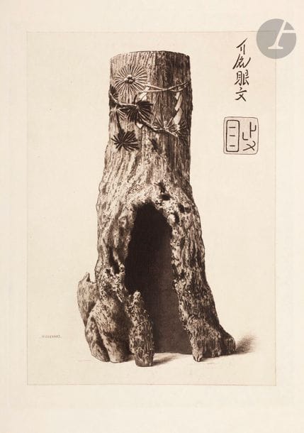 Henri Guérard (1846-1897) 
Porte-bouquet en bois sculpté (collection L. Gonse). Illustration pour L’Art Japonais de Louis Gonse. 1883. Eau-forte et pointe sèche. 217 x 300. Bertin 656. Très belle épreuve sur japon impérial. Très légère oxydation marginale. Toutes marges.