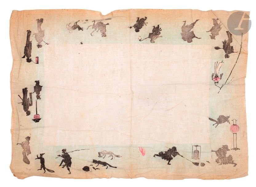 Henri Guérard (1846-1897) 
Japanese papers: Silhouettes in Chinese shadows (decorative borders), attributed to H. Guérard. Wood engraving. 400 x 285. 400 x 285. Colour printing. Proof on Japanese skin. Slightly eroded edges. Seal: 2 Japanese prints. Set of 3 p.
