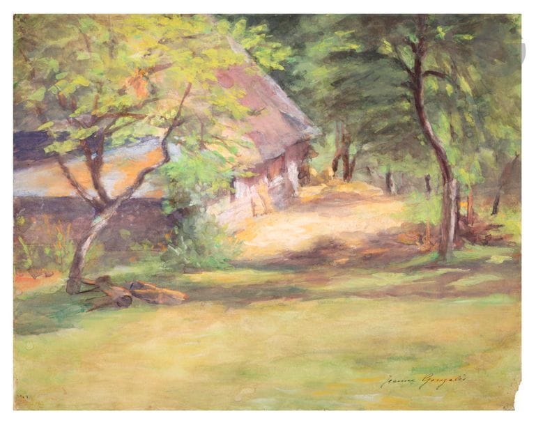 Jeanne Guérard-Gonzalès (1852-1924) 
Chaumière. Drawing, watercolour and gouache, on white vellum. 268 x 210. Signed in pen and ink at the bottom right. Small gap
 in the lower right 
corner
.
 Jeanne Gonzalès was the younger sister of Eva Gonzalès (1849-1883), Henri Guérard's first wife, who died after the birth of their son Jean. Jeanne married her brother-in-law and raised the child as her son. She herself had learned painting from her sister Eva, who had been trained in Manet's workshop, to whom she was very
 close.

 Jean Grave (1854-1939) was born into a working class family in Puy-de-Dôme, which settled a few years after his birth in the Gobelins district of Paris. He worked as a shoemaker and militated in socialist groups. In 1883, at the request of Élisée Reclus, he took care of the newspaper Le Révolté in Geneva. Trained on the job in typography and journalism, he devoted his life to the anarchist and libertarian press. After several stays in prison (Sainte-Pélagie, Mazas and Clairvaux), he founded his newspaper Les Temps Nouveaux in Paris, 900 issues of which were published from May 1895 to August 1914. Many artists and writers collaborated - among them Huysmans, Mallarmé, Mirbeau, A. Daudet, Luce, Signac and Pissarro. Grave also published works of theory and propaganda, novels, a play, children's stories and a

 souvenir

 book

.

 The references refer to the Musée d'Orsay's exhibition-folder catalogue: Aline Dardel, Les Temps Nouveaux, 1895-1914, un hebdomadaire anarchiste et la propagande par l'image, Paris, RMN, 1987. The works described are those that appeared in the exhibition.

