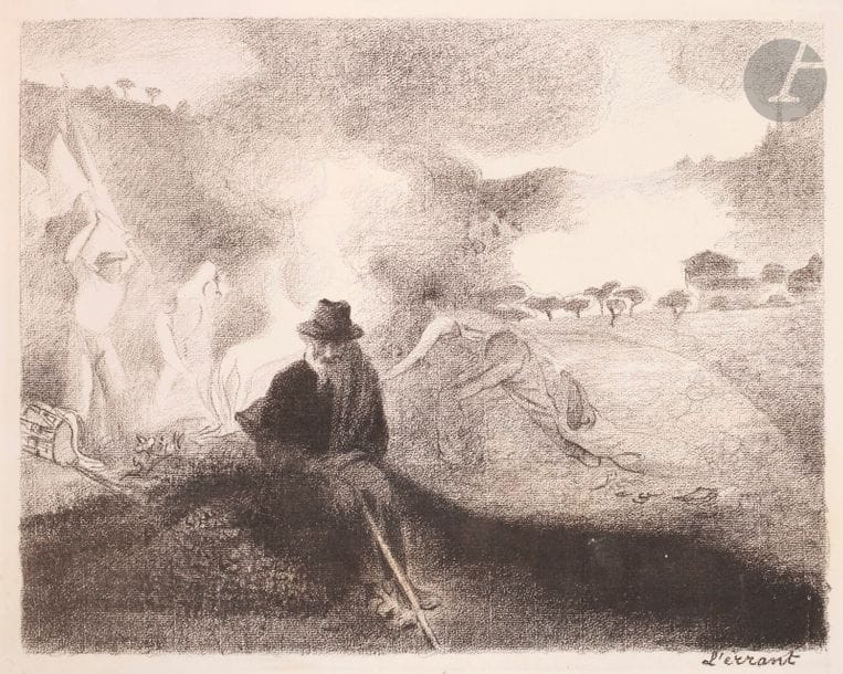 Henri-Edmond Cross (1856-1910) 
L’Errant. (Pl. 3 de l’album des Temps Nouveaux). 1896. Autographie. 500 x 395. Dardel 59. Belle épreuve sur vergé. Marges. Cadre.