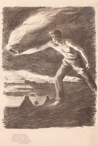 Maximilien Luce (1858-1941) 
L’Incendiaire. (Pl. 1 de l’album des Temps Nouveaux). 1896. Autographie. 290 x 385. Dardel 56. Belle épreuve sur vergé, avec en pied les vers typographiés de Verhaeren. Marges. Cadre.