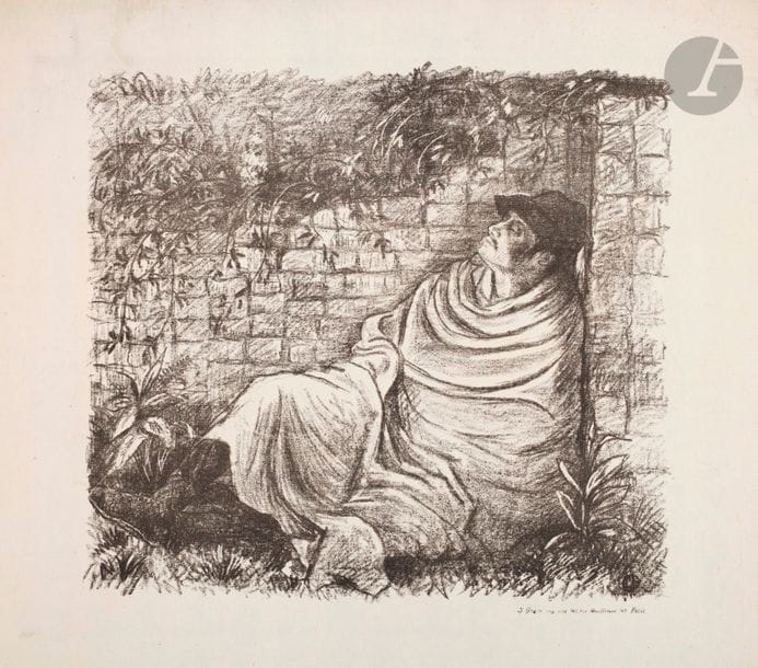 Lucien Pissarro (1863-1944) 
The Dying Man. (Pl. 8 of the New Times album). 1897. Autography. 340 x 320. Dardel 66. Good proof on laid. Dusting, folds and accidents at the edges of the sheet. All margins.

