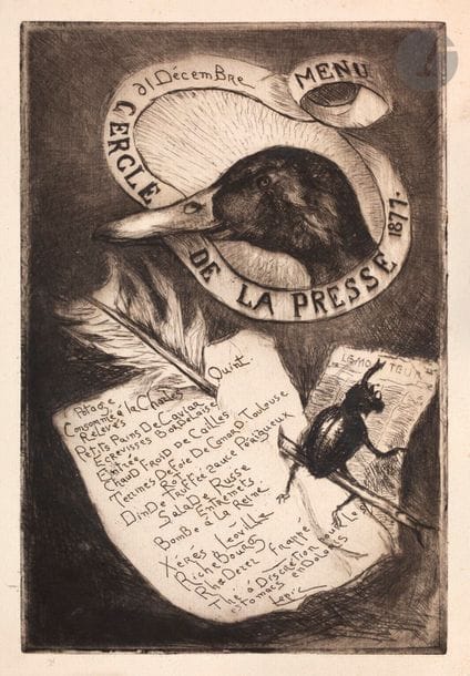 Literary and artistic banquetsA
 set of menus and invitations illustrated by Delâtre, Gaucherel, Lepic, etc. for the Taverne du Bagne, the Logiz du Chat Noir, the Enraged Cow, the dinners of the Cinquante, the Hippopotamus, the Marmite... Around 1870-1900. Etching; lithography; photomechanical process. Good proofs. Accidents to some. Set of 20 p. approx.
