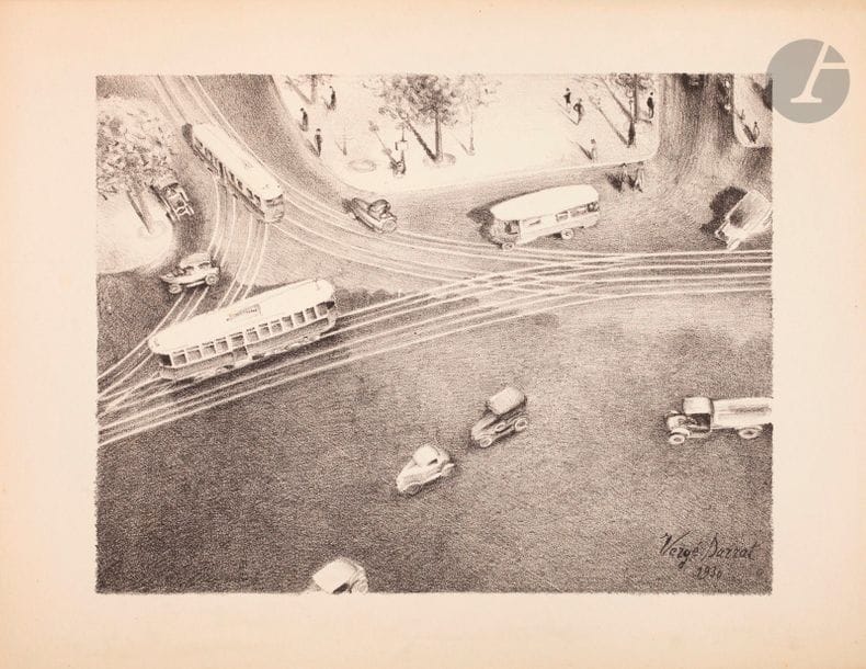 Yves Alix - Capon - Ceria - Clairin - Gernez - Gimmi - Latapie - Lotiron - Savin - Vergé-SaratLa
 Rue in Paris. Ten lithographs. L'Amour de l'Art éditeur, Paris,[1930]. An album, 330 x 260, containing 10 lithographs. Very beautiful proofs on creamy icy vellum. Broken fold oblique marginal oblique to the Caron board. All margins. Rare. Grey vellum shirt of the flap edition.
