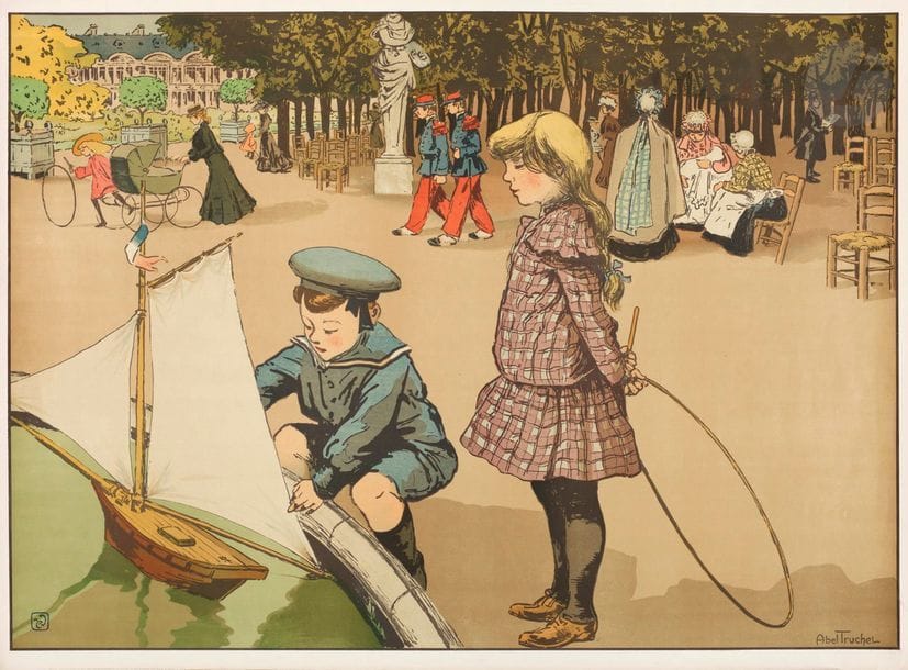 Louis Abel-Truchet (1857-1918) 
Enfants au jardin du Luxembourg. Vers 1895. Lithographie. 850 x 608. Impression en couleurs. Très belle et fraîche épreuve sur vélin glacé. Quelques courts plis cassés aux bords du feuillet. Toutes marges.